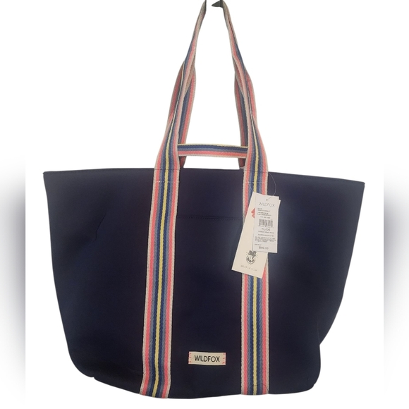 Wildfox Navy Oversized Tote Travel Bag. Rainbow Canvas Straps NWT - Picture 1 of 6